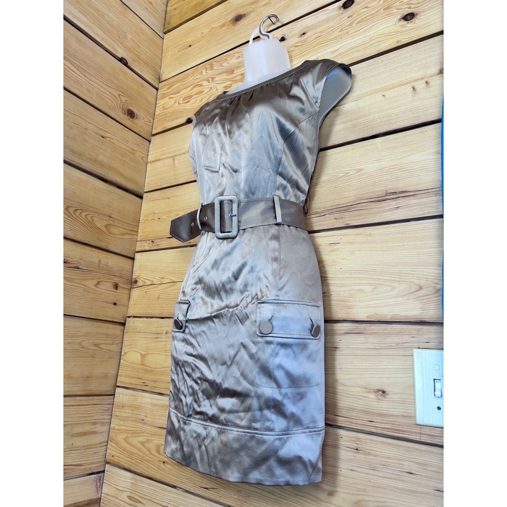 Marciano Silk Blend Belted Sheath Dress Taupe Champagne Mini Size 10 - Picture 4 of 11
